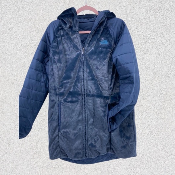 THE NORTH FACE Women Mossbud Reversible Parka Large Navy Insulated Hooded Coat - Picture 4 of 13